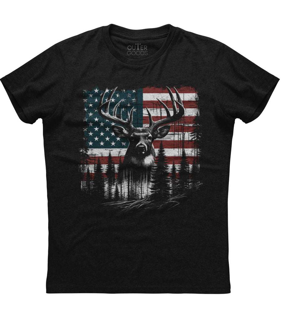 Whitetail Buck American Flag Deer T-Shirt (O)