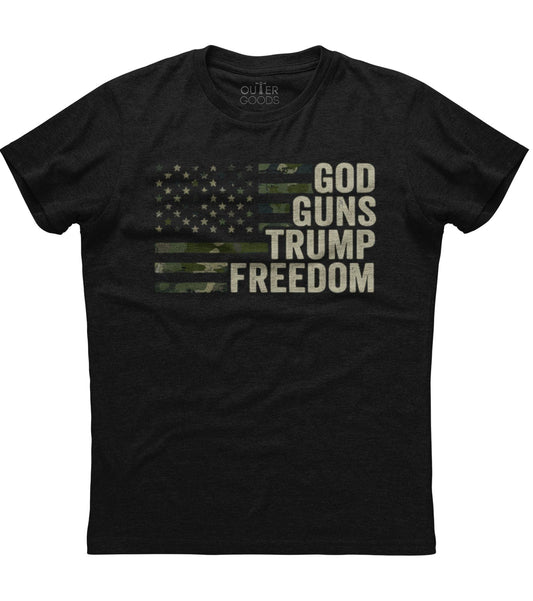 God Guns Trump Freedom American Flag T-Shirt (O)