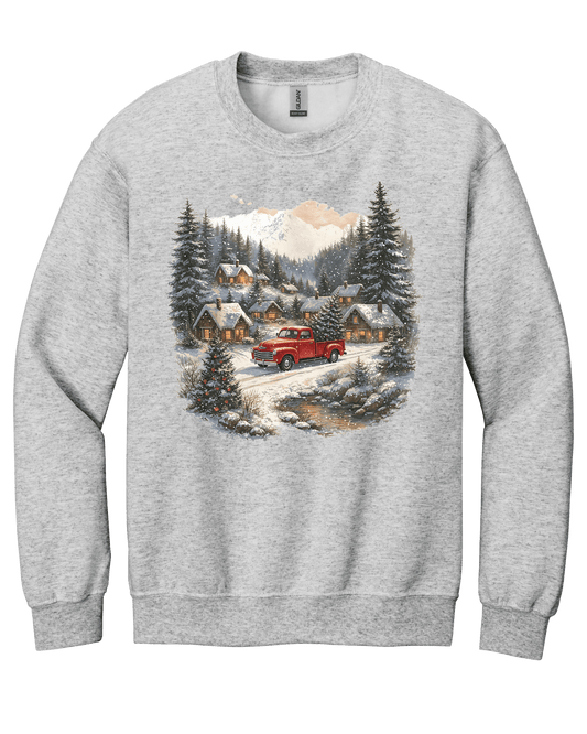 Christmas Red Truck Winter Scene Crewneck Sweatshirt (O)