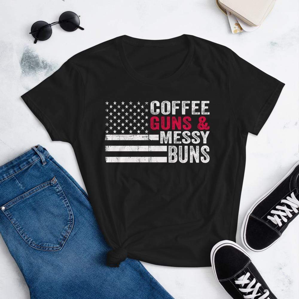 Womens Coffee Guns & Messy Buns - Funny Pro Gun Womens USA Flag T-Shirt (O)