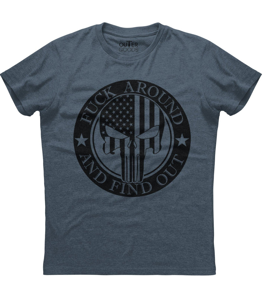 Fuck Around And Find Out Punisher Skull American Flag Patriotic T-Shirt (O)